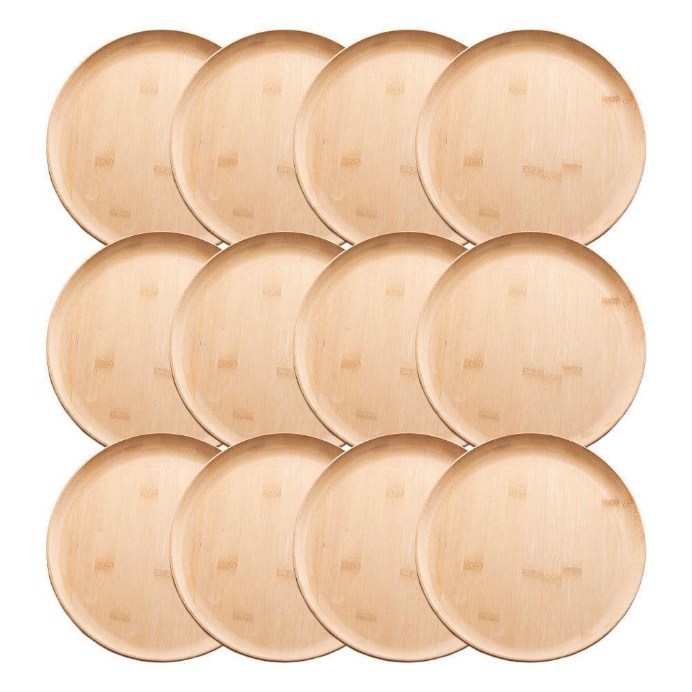 Jogo 12 Prato Raso De Bambu Natural Ecológico Pratinho Madeira Lyor 27cm - 1