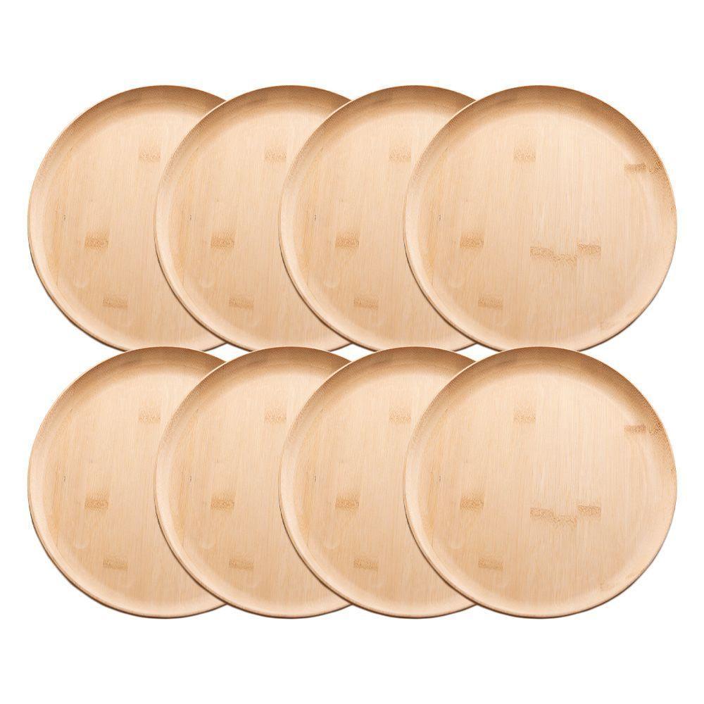 Jogo 8 Prato Raso De Bambu Natural Ecológico Pratinho Madeira Lyor 27cm - 1