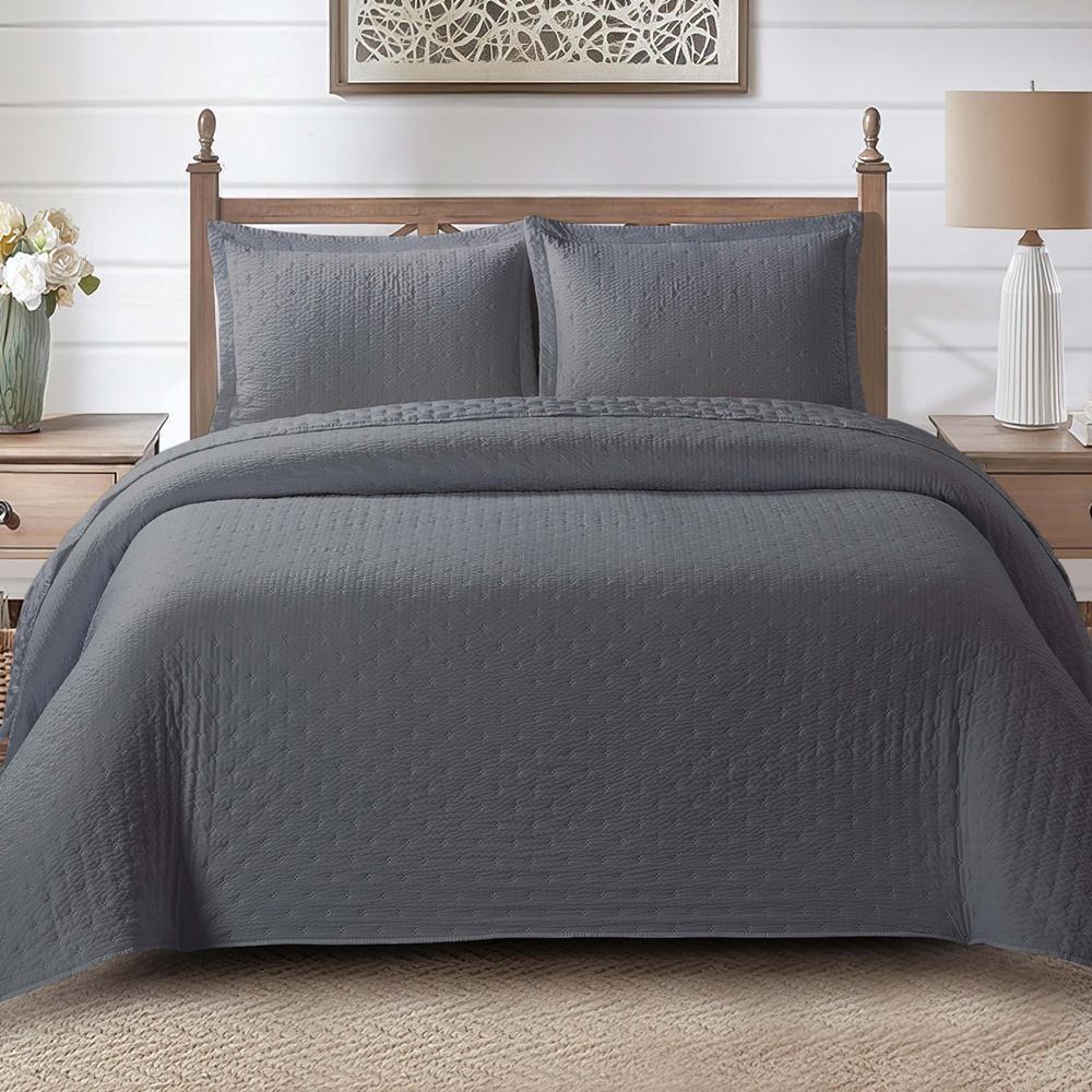 Cobre Leito Queen Analu Micropercal 300 Fios Dupla Face Texturizado 3 Peças - Chumbo - 2