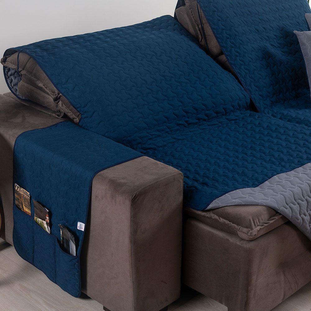 Protetor De Sofá Retrátil Shield Dupla Face 2,40m - Marinho/cinza - Hipercal 400 Fios - 100% Poliéster - 3