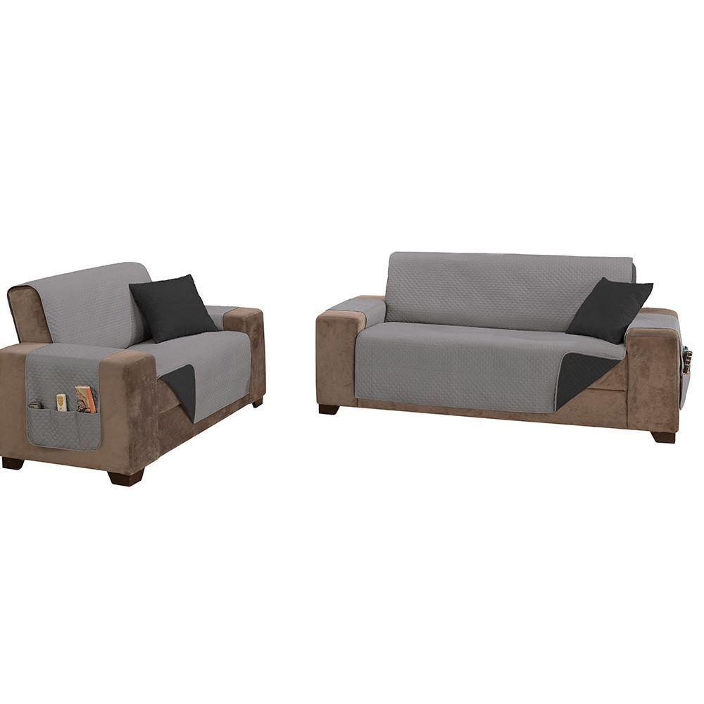 Protetor De Sofá Impermeável Dupla Face Padrão 2 E 3 Lugares Microfibra - Preto/cinza - 1