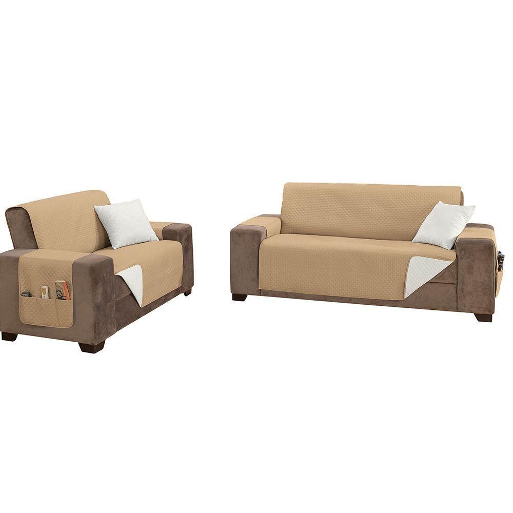 Protetor De Sofá Impermeável Dupla Face 2 E 3 Lugares King Microfibra - Cáqui/palha - 1