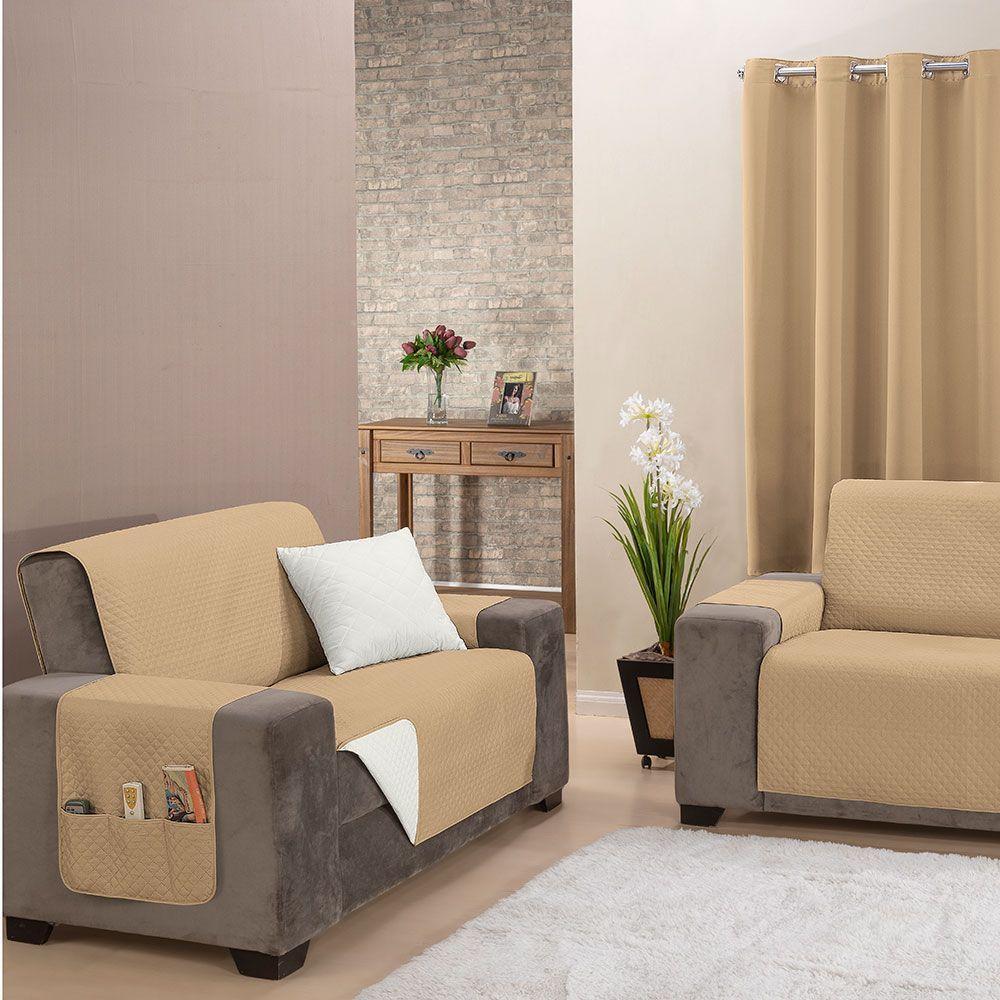 Protetor De Sofá Impermeável Dupla Face 2 E 3 Lugares King Microfibra - Cáqui/palha - 4