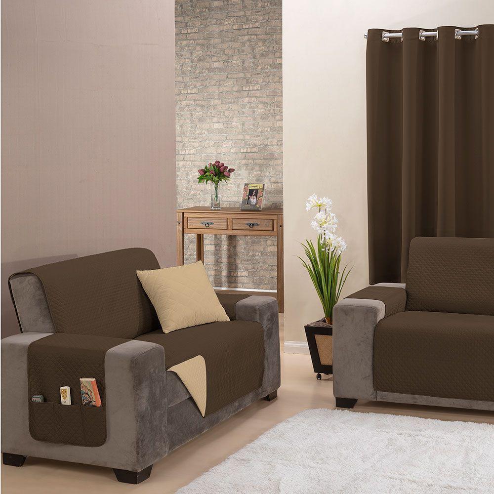 Protetor De Sofá Impermeável Dupla Face 2 E 3 Lugares King Microfibra - Tabaco/cáqui - 5