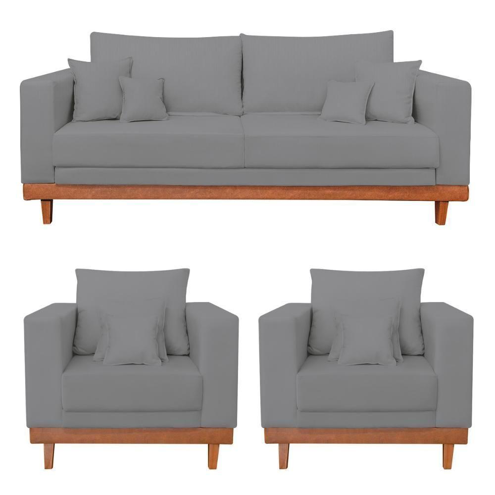 Kit 2 Poltronas Living + Sofá 2 Lugares Com Base Madeira Linho Grafite - 1