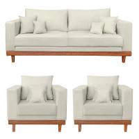Kit 2 Poltronas Living + Sofá 3 Lugares Com Base Madeira Suede Bege - 1