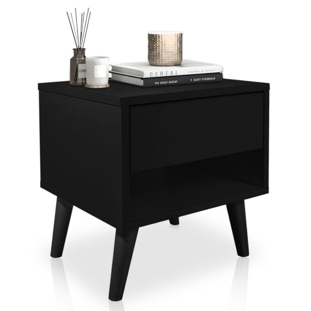 Mesa De Cabeceira 1 Gaveta 38 Cm Mdf Preto Pés Palito Mp - 1