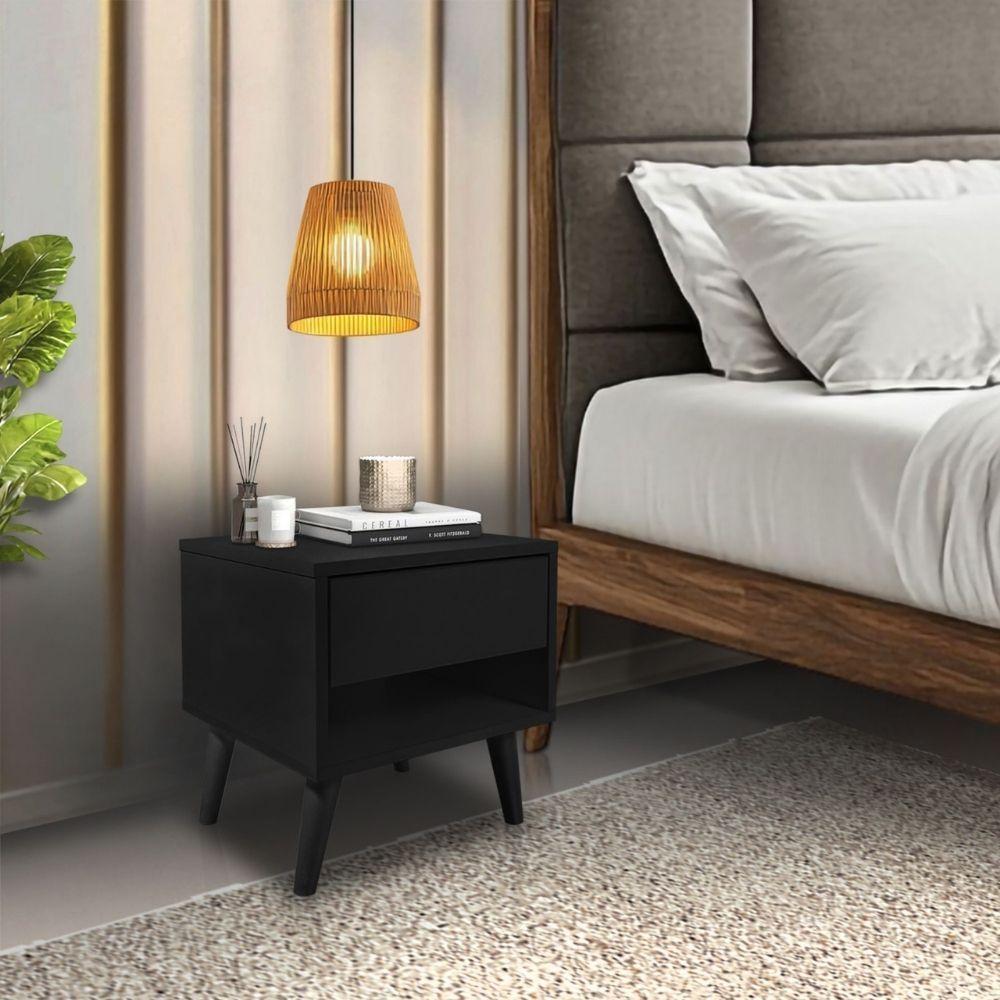 Mesa De Cabeceira 1 Gaveta 38 Cm Mdf Preto Pés Palito Mp - 5