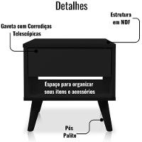 Mesa De Cabeceira 1 Gaveta 38 Cm Mdf Preto Pés Palito Mp - 3