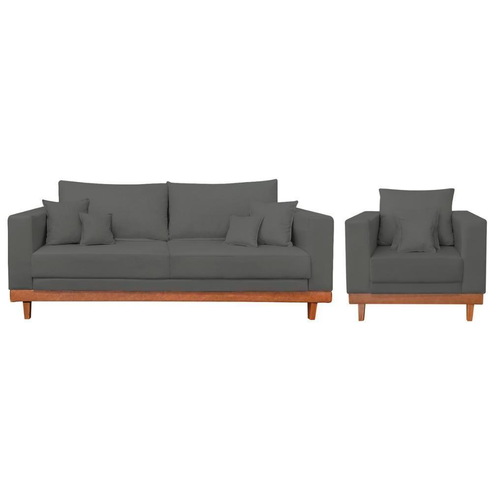 Kit Poltrona Living + Sofá 2 Lugares Com Base Madeira Suede Cinza - 1