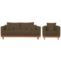 Kit Poltrona Living + Sofá 2 Lugares Com Base Madeira Suede Marrom - 1
