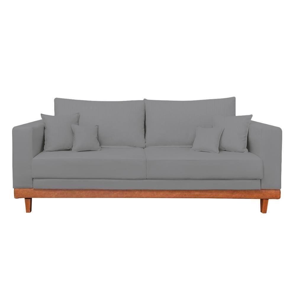 Kit Poltrona Living + Sofá 3 Lugares Com Base Madeira Linho Grafite - 3