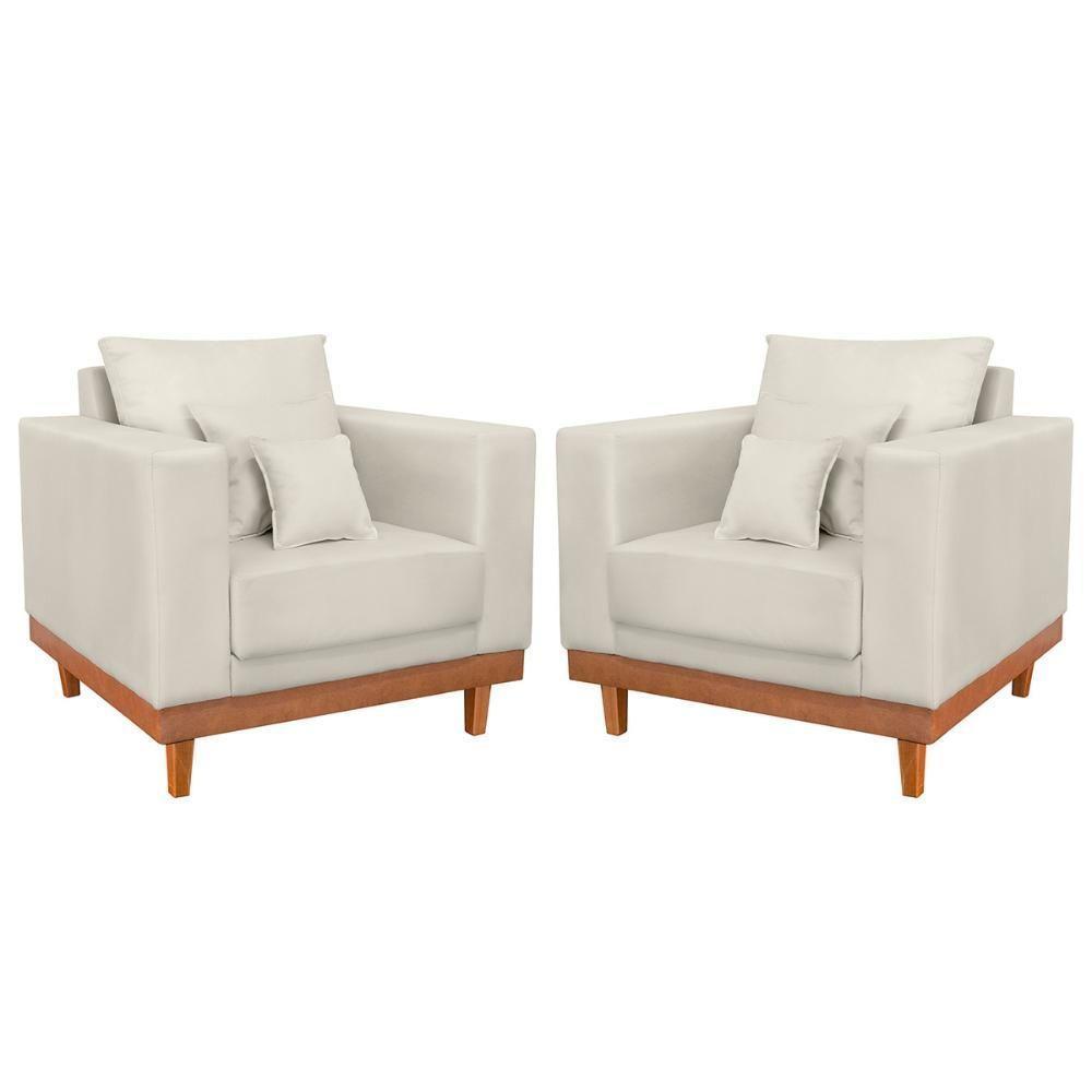 Kit 02 Poltrona Living Suede Base Madeira Sala Recepção Bege - 1