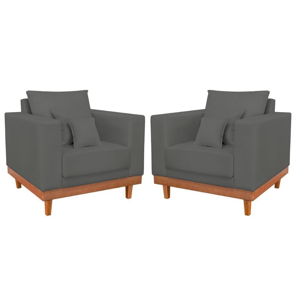 Kit 02 Poltrona Living Suede Base Madeira Sala Recepção Cinza - 1