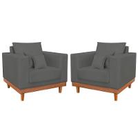 Kit 02 Poltrona Living Suede Base Madeira Sala Recepção Cinza - 1