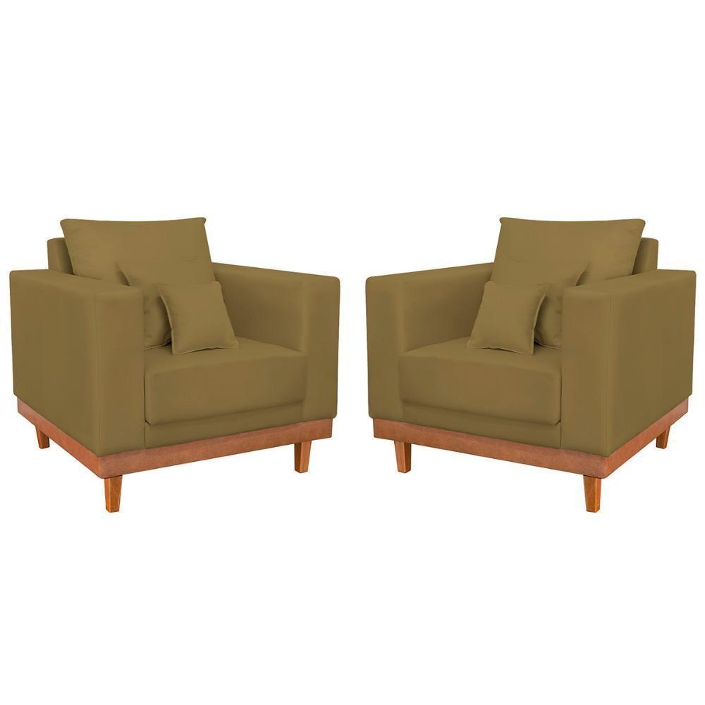 Kit 02 Poltrona Living Suede Base Madeira Sala Recepção Capuccino - 1