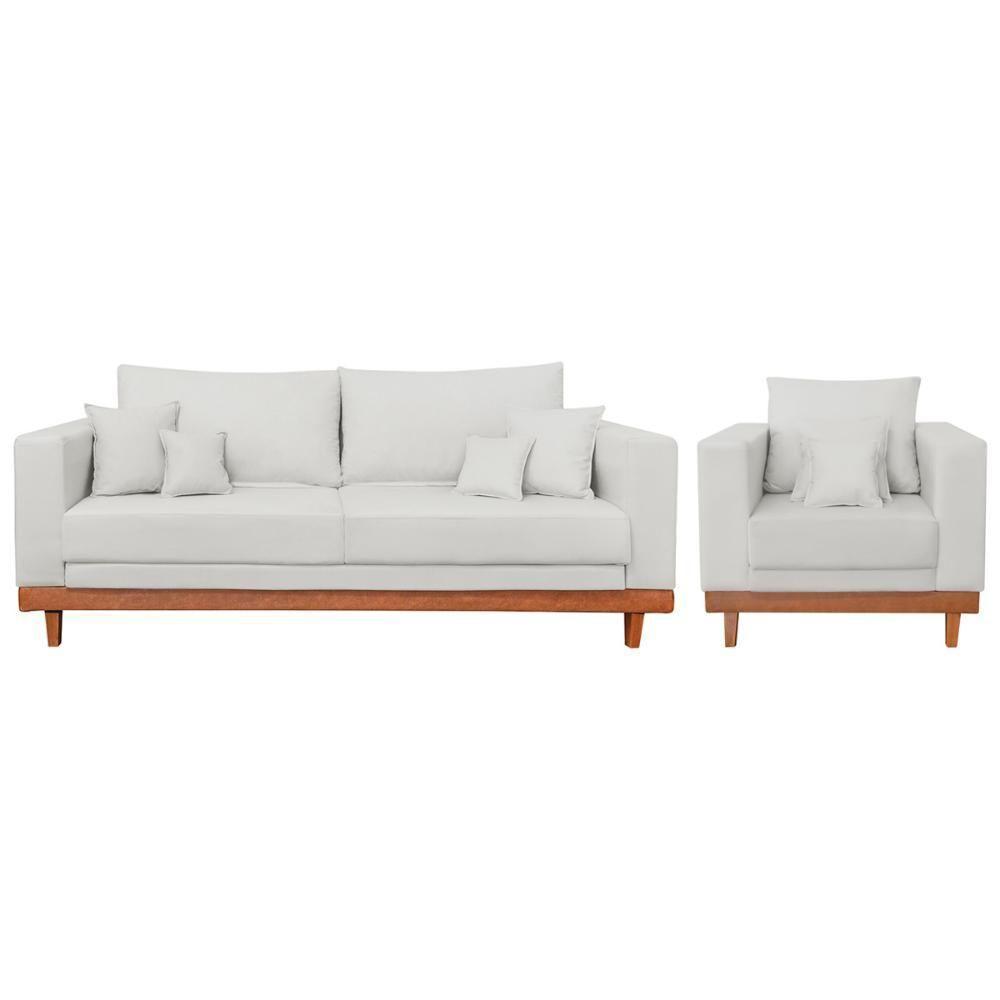 Kit Poltrona Living + Sofá 2 Lugares Com Base Madeira Linho Bege - 1