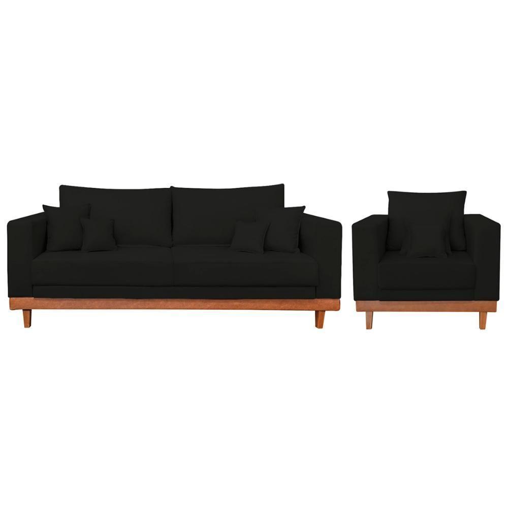 Kit Poltrona Living + Sofá 3 Lugares Com Base Madeira Suede Preto - 1