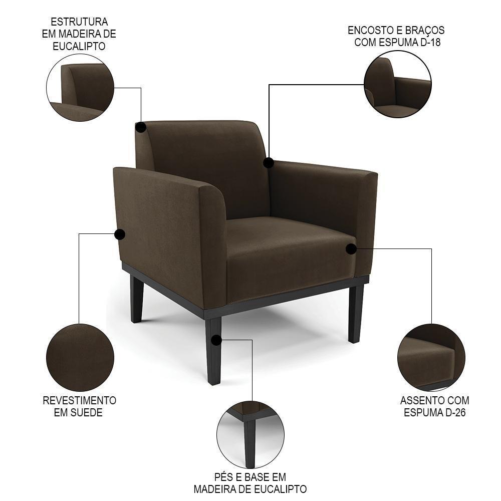 Sofá Namoradeira E 2 Poltronas Base Madeira Preto Maressa Suede Marrom - Ibiza - 3