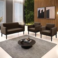 Sofá Namoradeira E 2 Poltronas Base Madeira Preto Maressa Suede Marrom - Ibiza - 2