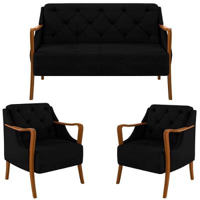 Kit Namoradeira 135cm E 2 Poltronas Decorativas Capitonê Lapa M22 Veludo Preto - Mpozenato