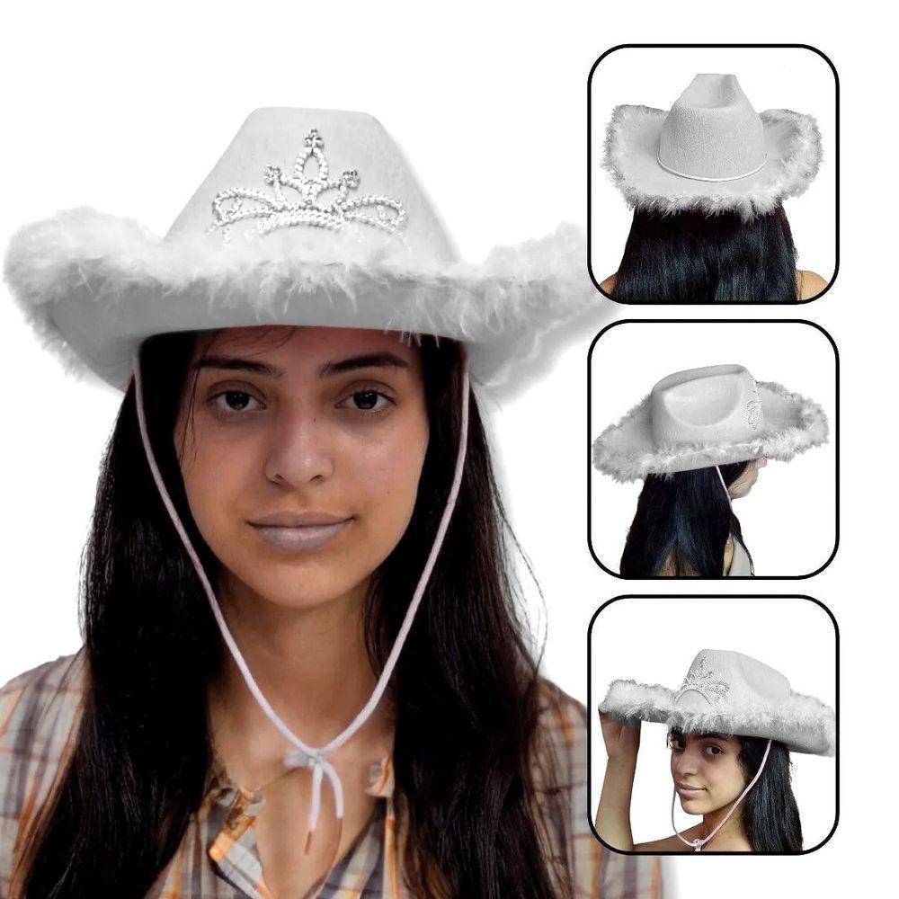 Chapéu Country Cowboy Princesa Branco Com Plumas - 4