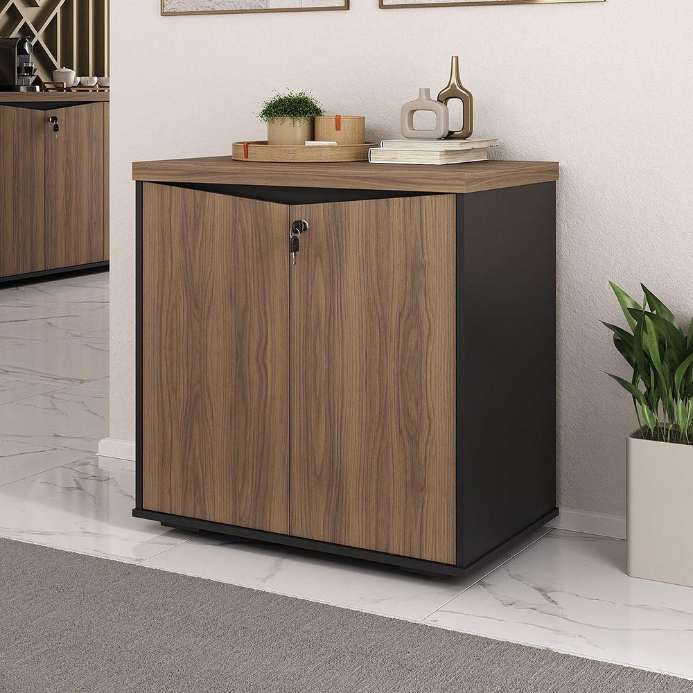 Balcão Para Escritório 2 Portas Com Chave Pequeno Nogal/preto - 9