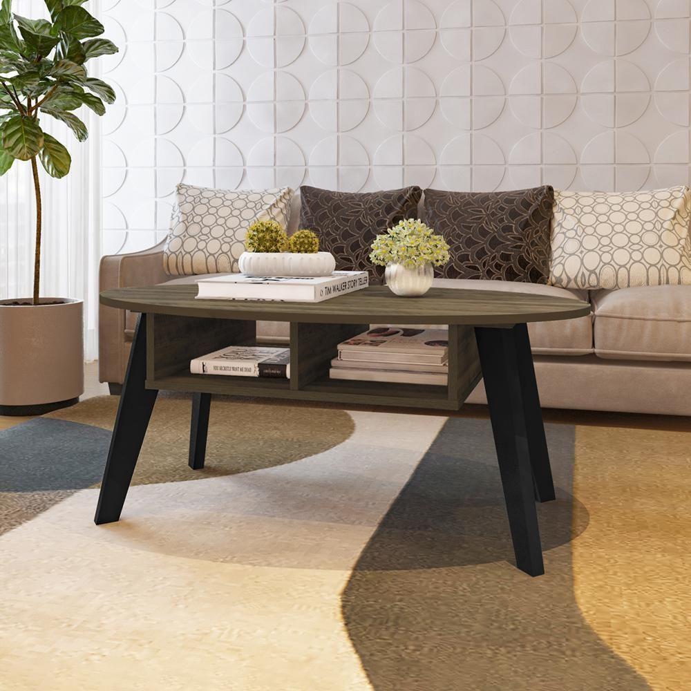 Mesa De Centro Tampo Oval 2 Nichos 100 Cm Pinho Preto Arly - 1