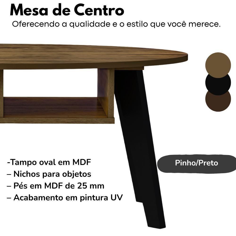 Mesa De Centro Tampo Oval 2 Nichos 100 Cm Pinho Preto Arly - 3