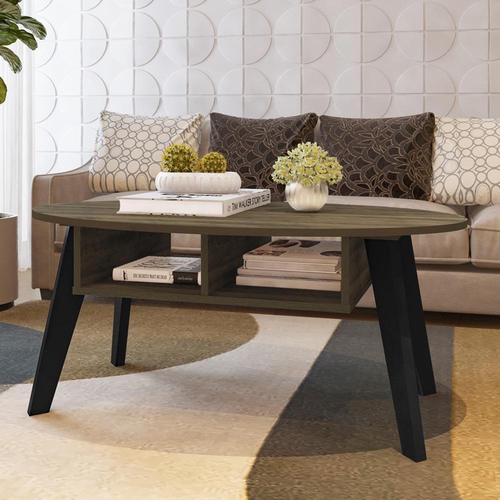 Mesa De Centro Tampo Oval 2 Nichos 100 Cm Pinho Preto Arly - 4