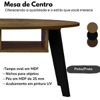 Mesa De Centro Tampo Oval 2 Nichos 100 Cm Pinho Preto Arly - 3
