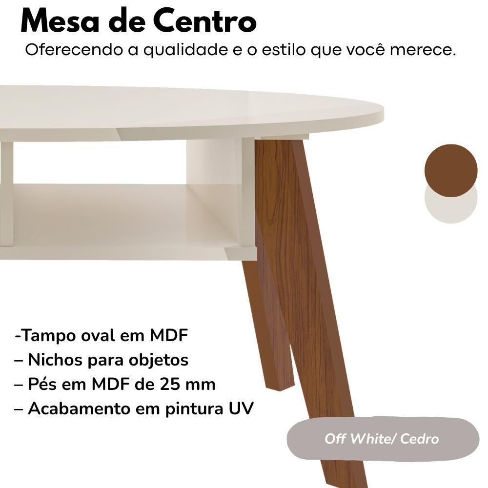 Mesa De Centro Tampo Oval 2 Nichos 100 Cm Off White Cedro Arly - 5