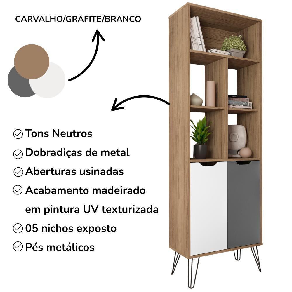Estante 2 Portas 5 Nichos 182x60 Cm Carvalho Branco Grafite Arly - 5