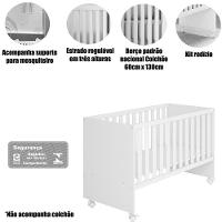Berço Infantil Reto Com Rodizíos Mdp Doce Mel Branco - 3