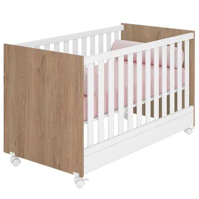 Berço Infantil Mini Cama Doce Mel em MDP Branco e Carvalho com Grade de Proteção