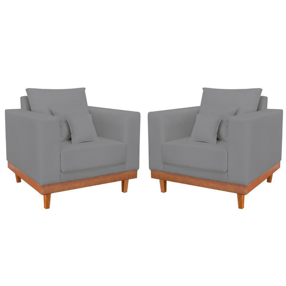 Kit 2 Poltronas Linho Resistentes Base Madeira + Almofadas Grafite - 1