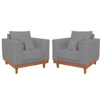 Kit 2 Poltronas Linho Resistentes Base Madeira + Almofadas Grafite - 1