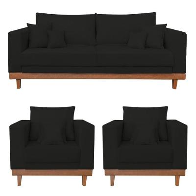 Kit Sofá 2 Lugares E 2 Poltronas Living Base Madeira Suede Preto Balaqui Decor