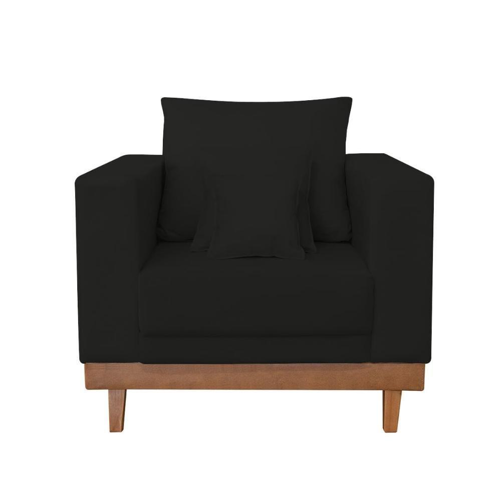 Poltrona Living Resistente Suede Base Madeira Com Almofadas Preto - 2