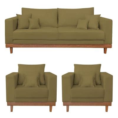 Kit 2 Poltronas Living + Sofá 3 Lugares Base Madeira Suede Capuccino