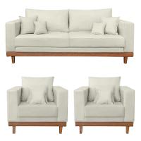 Kit 2 Poltronas Living + Sofá 3 Lugares Base Madeira Suede Bege - 1