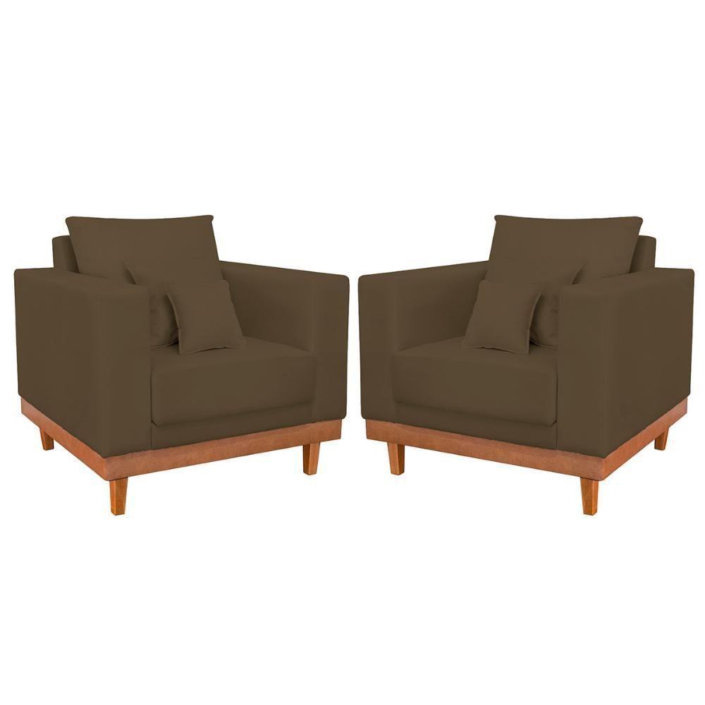 Kit 2 Poltronas Suede Resistentes Base Madeira + Almofadas Marrom - 1