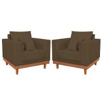 Kit 2 Poltronas Suede Resistentes Base Madeira + Almofadas Marrom - 1