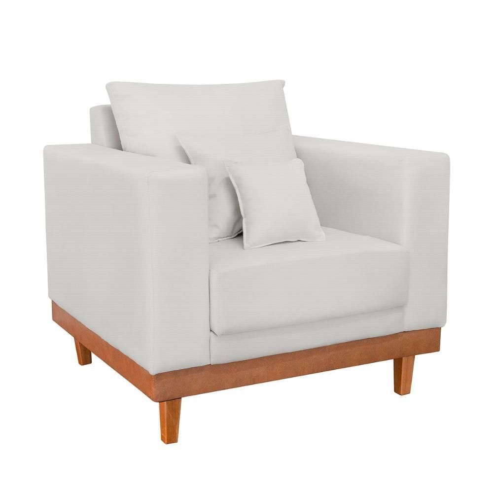 Poltrona Living Resistente Linho Base Madeira Com Almofadas Bege - 1