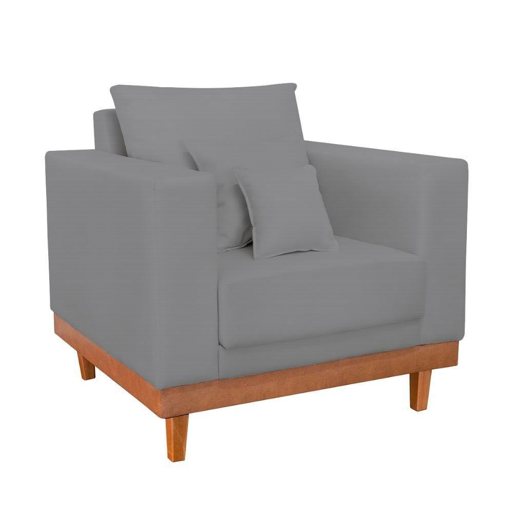 Poltrona Living Resistente Linho Base Madeira Com Almofadas Grafite - 1