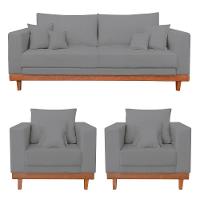 Kit 2 Poltrona + Sofá 2 Lugares Reforçado Base Madeira Linho Grafite - 1