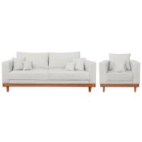 Kit Poltrona + Sofá Reforçado Com Base Madeira Linho Bege - 1