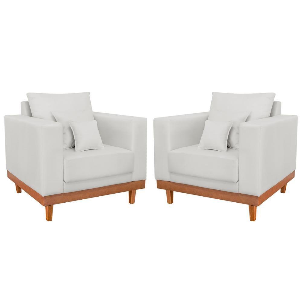 Kit 2 Poltronas Reforçada Linho Pés Base Madeira + Almofadas Bege - 1