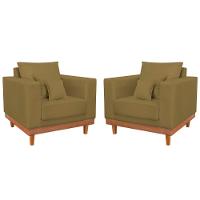 Kit 2 Poltronas Reforçada Suede Pés Base Madeira + Almofadas Capuccino - 1