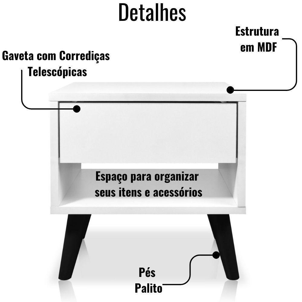 Kit 2 Mesas De Cabeceira 1 Gaveta 38 Cm Mdf Branco Pés Palito Mp - 3
